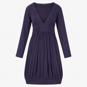 Dress Navy Blue Plunging V-Neck Long Sleeve Ruched