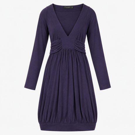 Dress Navy Blue Plunging V-Neck Long Sleeve Ruched