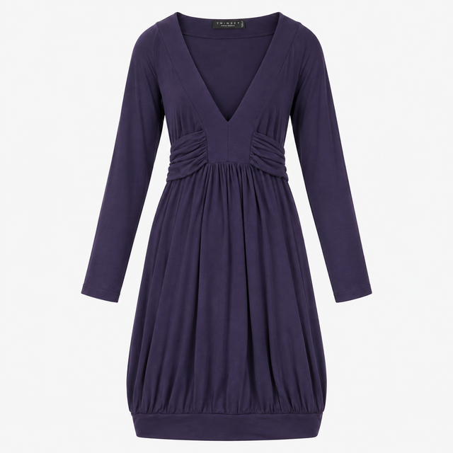 Dress Navy Blue Plunging V-Neck Long Sleeve Ruched