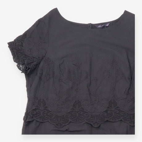 Black 100% Cotton Floral Embroidered Scalloped Hem