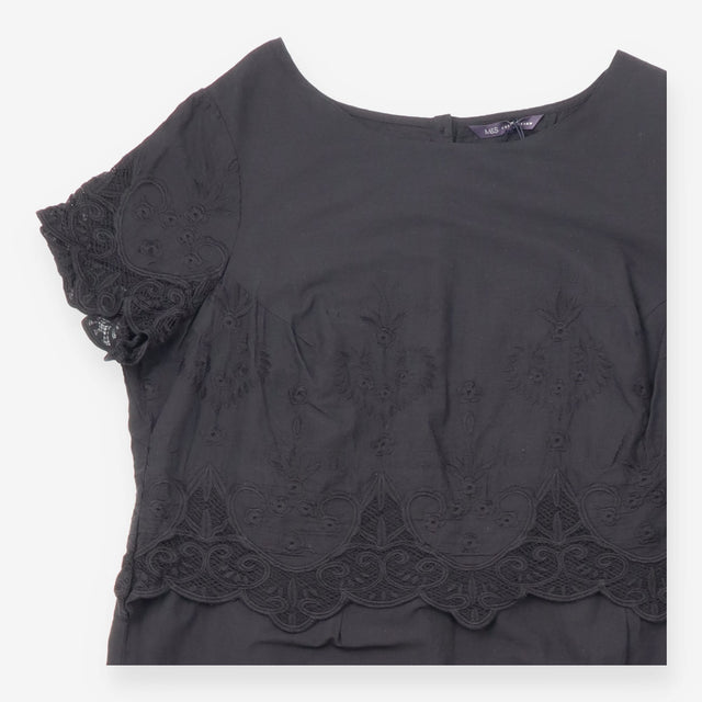 Black 100% Cotton Floral Embroidered Scalloped Hem