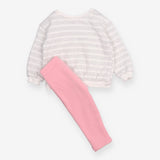 Grey Striped Sweater and Pink Legging Outfit 