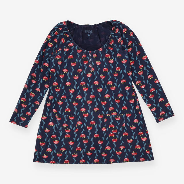 Henley Top Navy Red Floral Organic Cotton