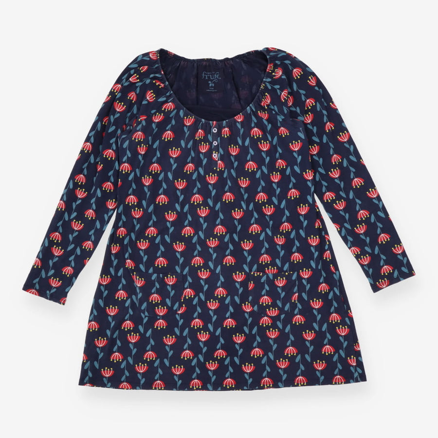Henley Top Navy Red Floral Organic Cotton