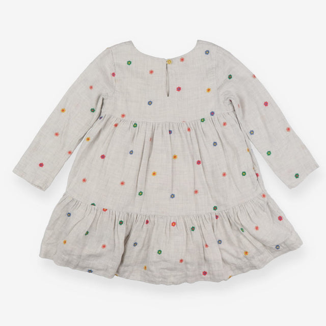 Grey LS dress with embroidered flowers