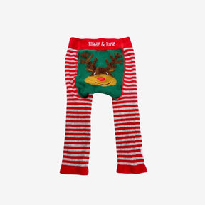 Grey white red stripe reindeer knit leggings