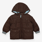 Coat brown puffa blue lining edging