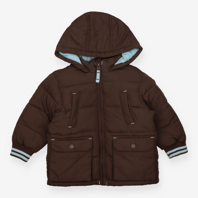 Coat brown puffa blue lining edging