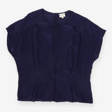 Top Navy Blue 100% Silk Pleated Short Sleeve Crew 