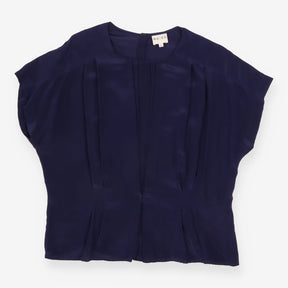 Top Navy Blue 100% Silk Pleated Short Sleeve Crew 
