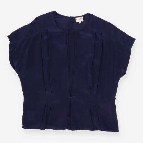 Top Navy Blue 100% Silk Pleated Short Sleeve Crew 