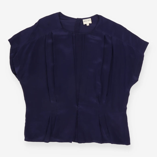 Top Navy Blue 100% Silk Pleated Short Sleeve Crew 