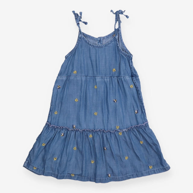 Denim Tiered Dress with Embroidered Bees 