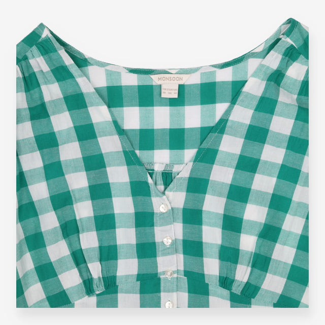 Midi Dress Gingham Green White 100% Cotton
