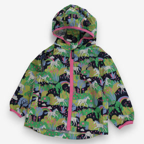 Raincoat green horses in forest