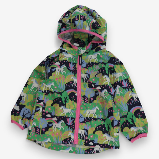 Raincoat green horses in forest