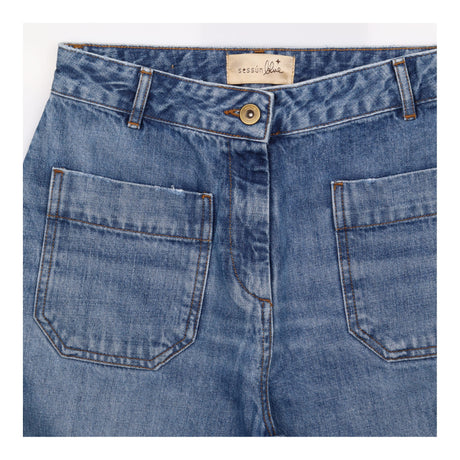 High Waist Patch Pocket Straight Leg Jeans Mid Blu