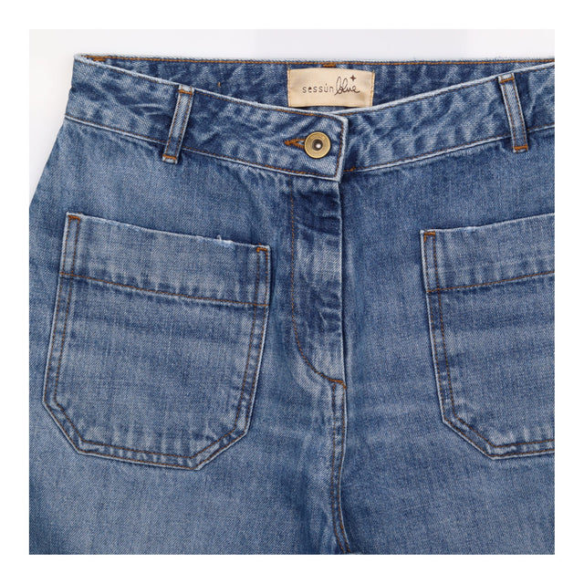 High Waist Patch Pocket Straight Leg Jeans Mid Blu