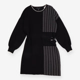 Knitted Dress Black White Asymmetric Belted