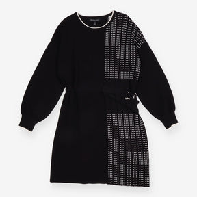 Knitted Dress Black White Asymmetric Belted