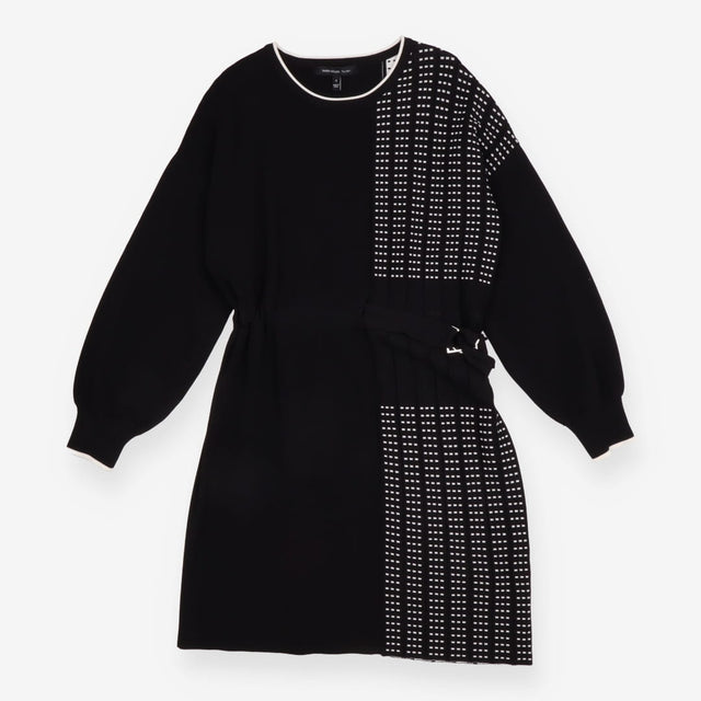 Knitted Dress Black White Asymmetric Belted