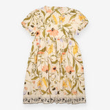 Midi Dress Cream Botanical Floral Button Front Puf