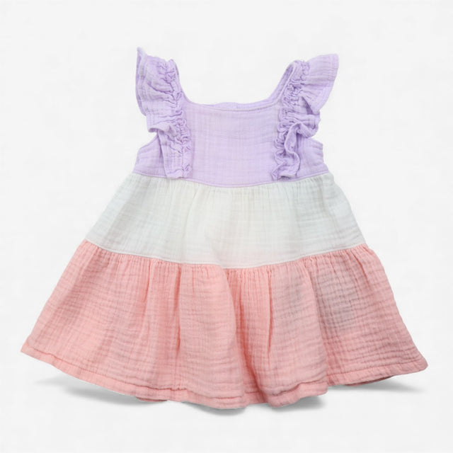 Dress Woven Tiered with Frill Sleeve Purple Pink a