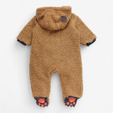 Pramsuit Brown with Ears & Navy Striped Lining