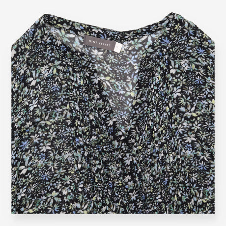 Floral Blouse Navy Blue Long Sleeve Pintuck Detail