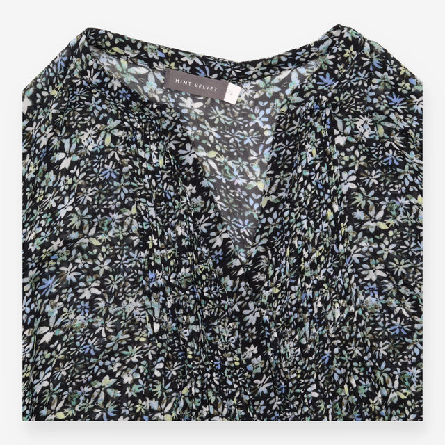 Floral Blouse Navy Blue Long Sleeve Pintuck Detail