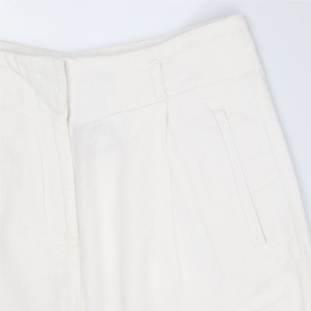 White Linen Blend Wide Leg Pleated Trousers