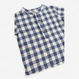 Shirt Grandad Collar Blue & White Check Brushed Co