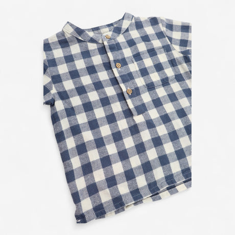 Shirt Grandad Collar Blue & White Check Brushed Co