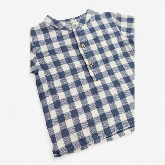 Shirt Grandad Collar Blue & White Check Brushed Co