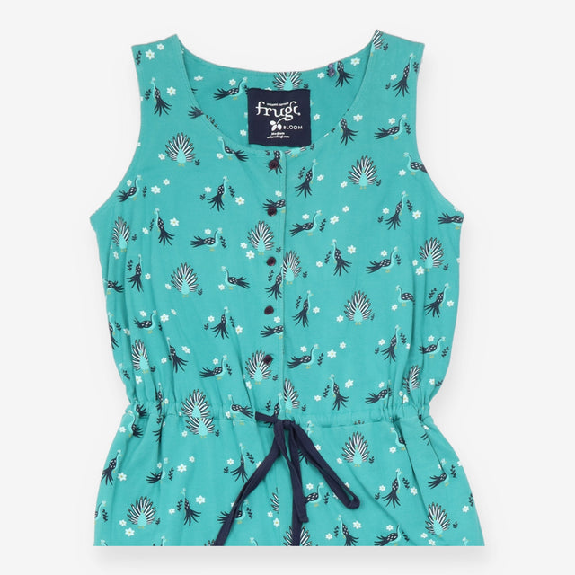 Jumpsuit Teal Green Peacock Print Organic Cotton S