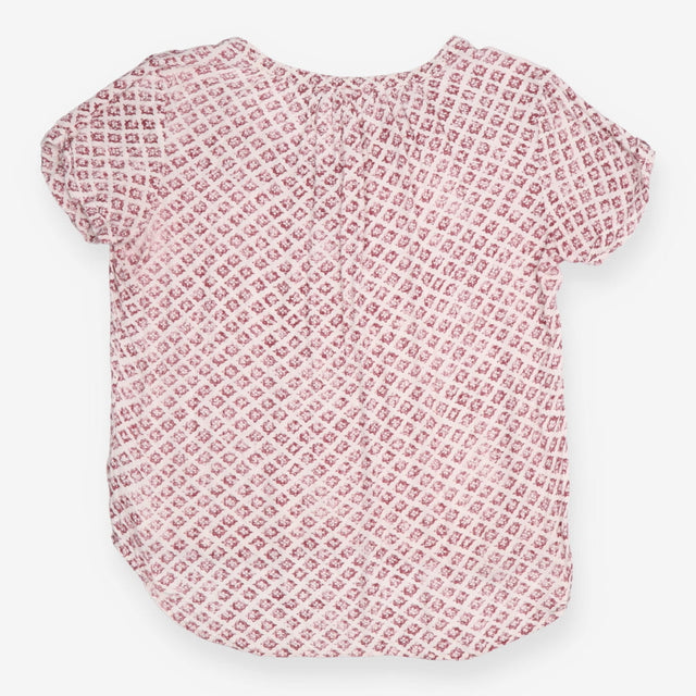 Blouse Ivory Burgundy Geometric Print Short Sleeve