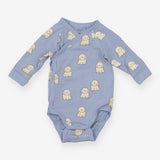 Blue bodysuit long sleeve with white fluffy dogs