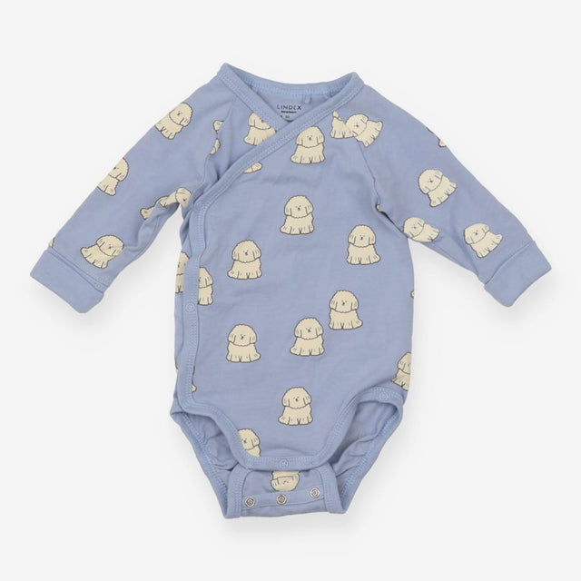 Blue bodysuit long sleeve with white fluffy dogs