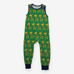 Dungarees green giraffes blue edging