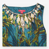 Kingfisher Teal Silk Peacock Feather Print Sequin 