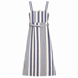 Midi Dress Navy Cream Stripe Linen Blend Button Fr
