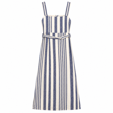 Midi Dress Navy Cream Stripe Linen Blend Button Fr