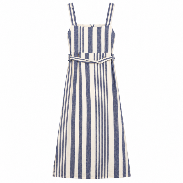 Midi Dress Navy Cream Stripe Linen Blend Button Fr