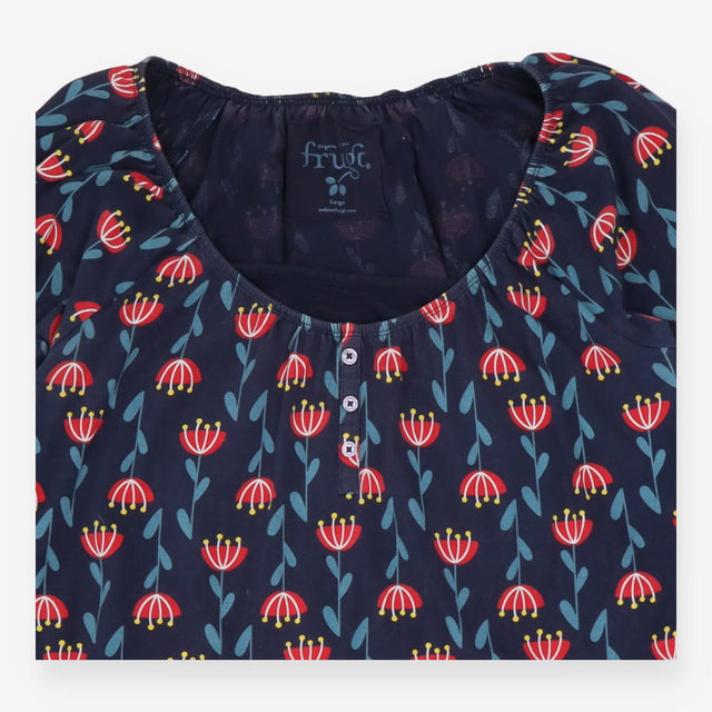Henley Top Navy Red Floral Organic Cotton