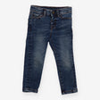 Jeans orange stitching worn leg effect