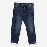 Jeans orange stitching worn leg effect