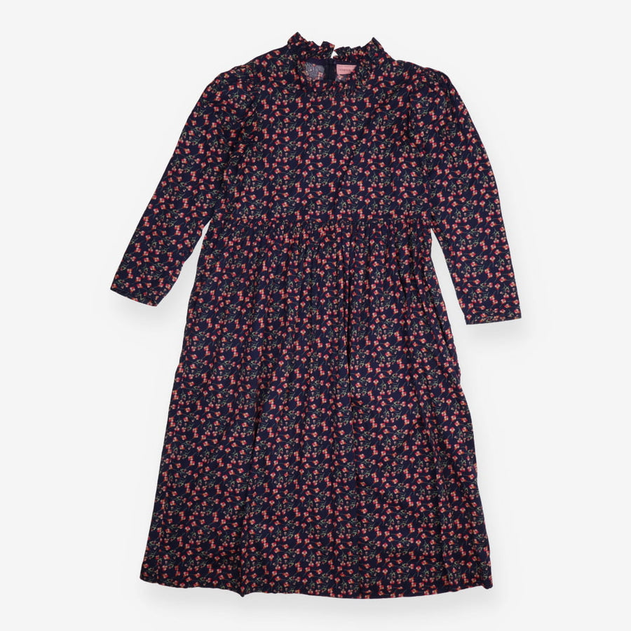 Midi Dress Navy Pink Floral Cotton Puff Sleeve