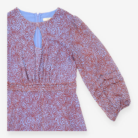 Midi Dress Pale Blue Rust Abstract Print Belted