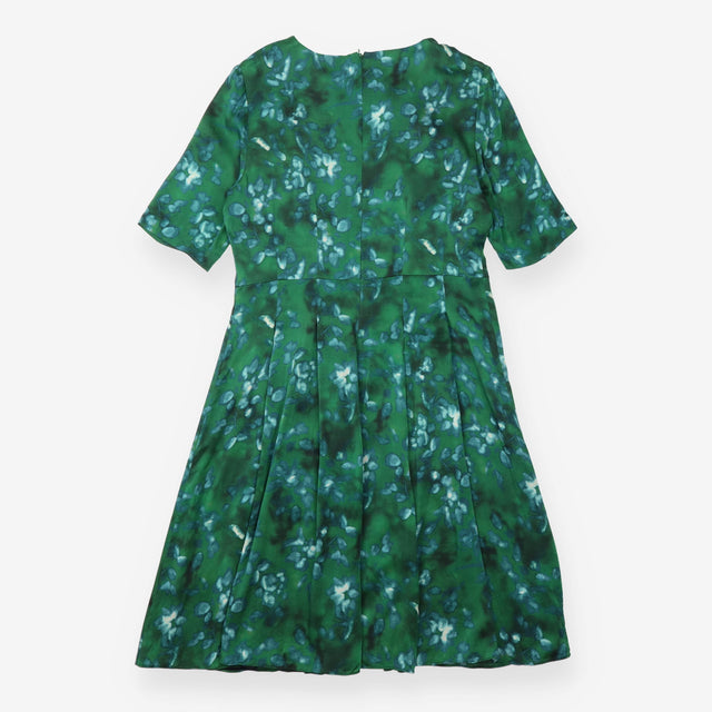 Midi Dress Green Blue Abstract Floral Pleated Skir