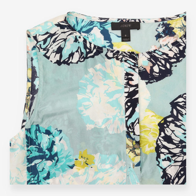 Shell Top Aquatic Floral Silk Sleeveless Button Pl